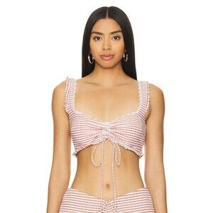 NEW LOBA Jimena Top in Bronze Gingham M Searsucker Ruched Tie Ruffles NWT